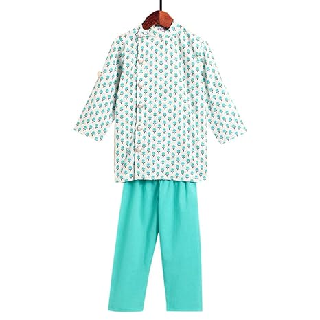 Amber By Hopscotch Boys Cotton Buti Kurta With Pajama (Set Of 2) in Blue Color