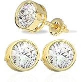 14K Solid Gold Lab Grown Moissanite Bezel Stud Earrings for Women | Round, Emerald, Cushion, Oval, Heart & Pear Cuts | Push Back & Screw Back | Hypoallergenic | Made in USA | Gift for Her