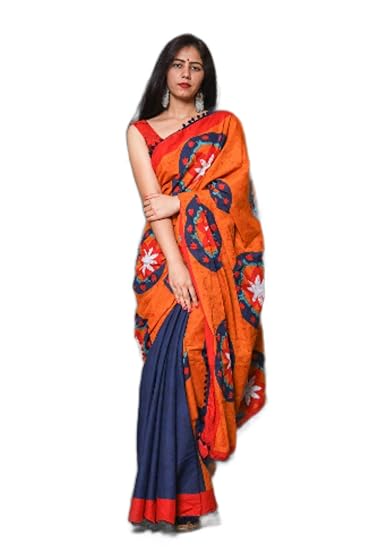 Women's Hand Printed Cotton Saree Handloom Saree with Pom Pom Lace (AS076, Multicolor)