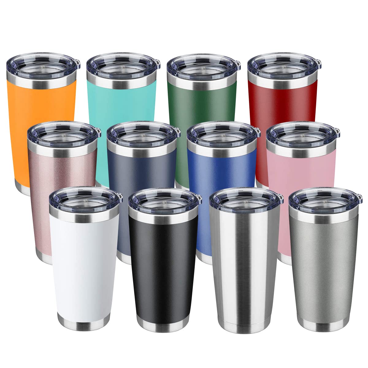 EcoMozz 20oz Tumbler Stainless Steel Vacuum Insulated Mug with Lid, Double Wall Travel Mug, Durable Powder Coated Coffee Cup, Suitable for Ice Drinks and Hot Beverage (New Mix 12 pack) Image