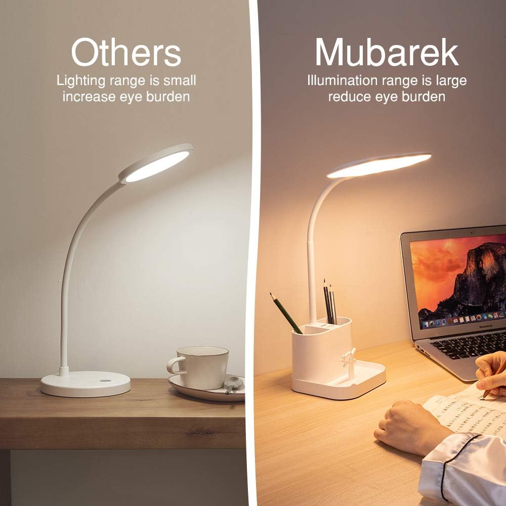 LED Small Desk Lamp for Home Office with USB Charging Port Pen Holder Gooseneck Adjustable Reading Light 3 Color Modes Stepless Dimming Touch Table Lamp for Bedroom Bedside Desktop Study Work Room - - 