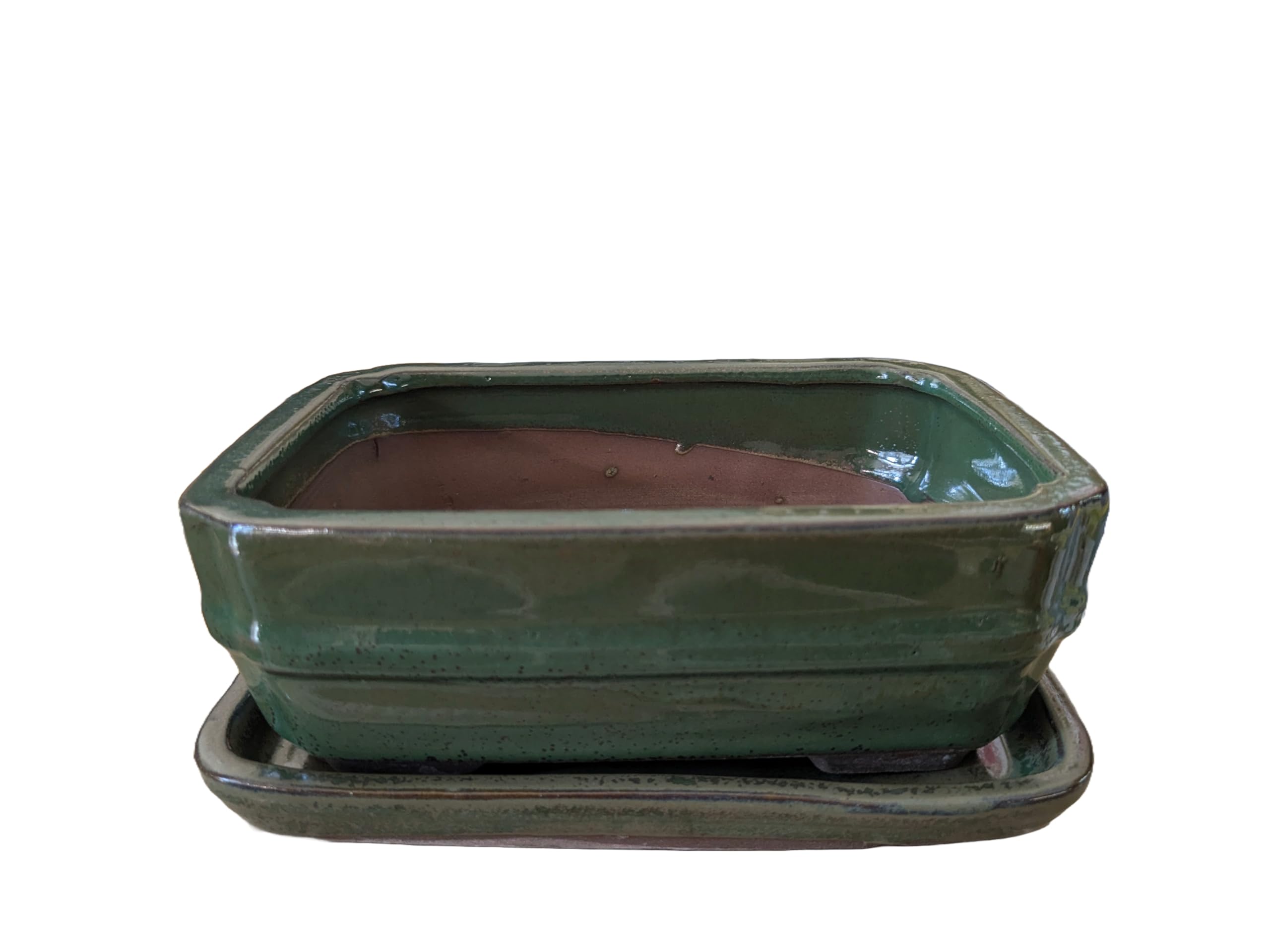 Glazed Ceramic Bonsai Pots with Matching Drip Trays (Green, 16cm)
