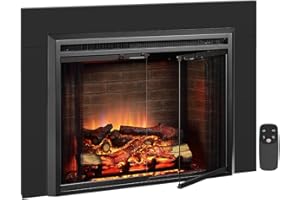PuraFlame Klaus 33” Electric Fireplace Insert with Trim Kit, Fire Crackling Sound, Resin Log, Glass Door and Mesh Screen, 750/1500W Heater, Black