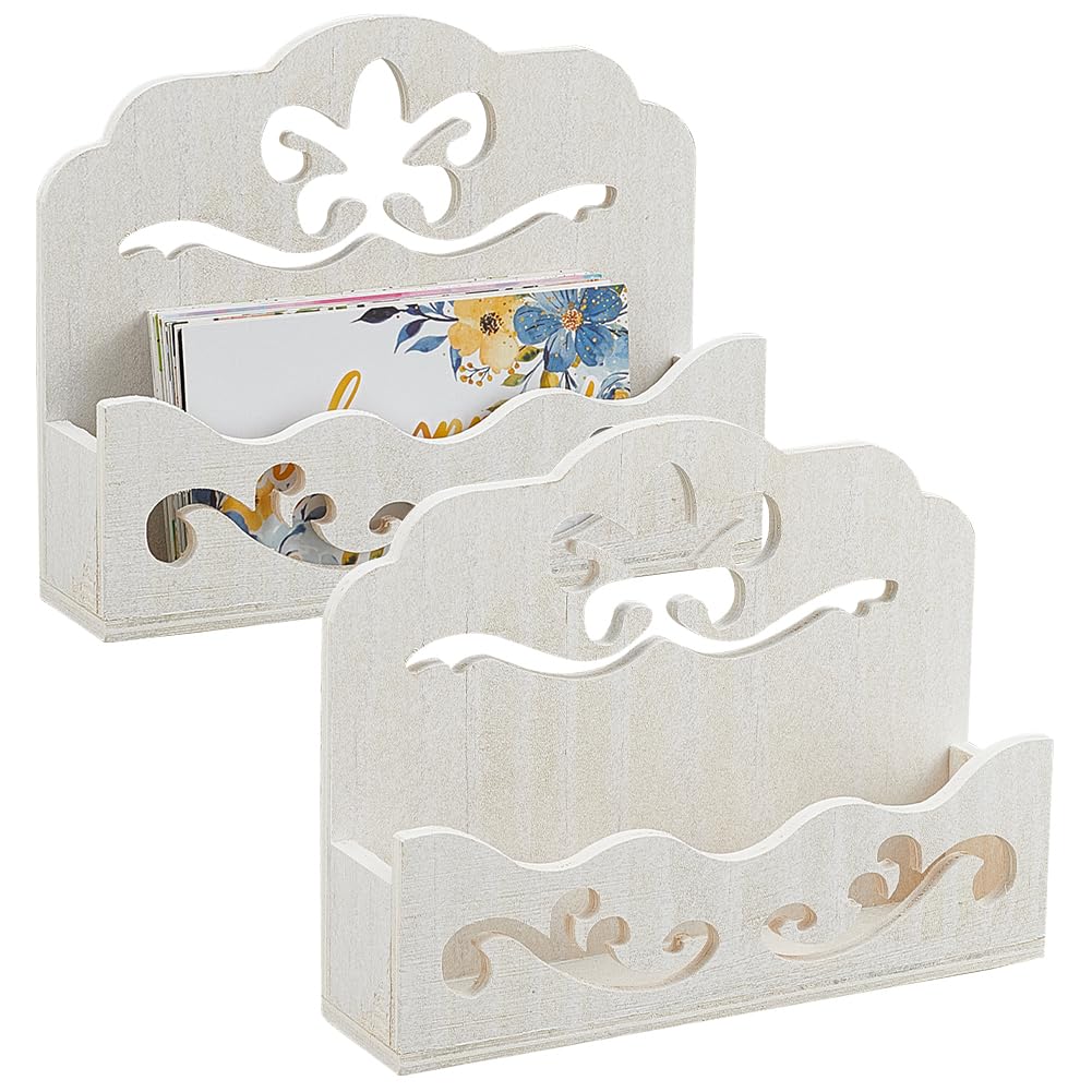 FINGERINSPIRE 2 Pcs Wood Business Card Holder for Desk Flower Vines Hollowed Design Name Card Holder 134x34x105mm WhiteSmoke Open Card Displays Vintage Card Organizer for Office Desk Receptions