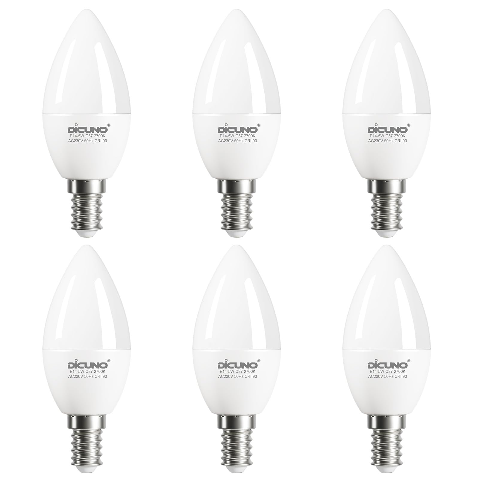 DiCUNO E14 LED Candle Bulbs, C37 SES Small Edison Screw, 5W, 50W Equivalent, 550LM, 2700K Warm White, CRI90, Non-Dimmable, E14 Bulbs for Chandeliers, 6 Pack