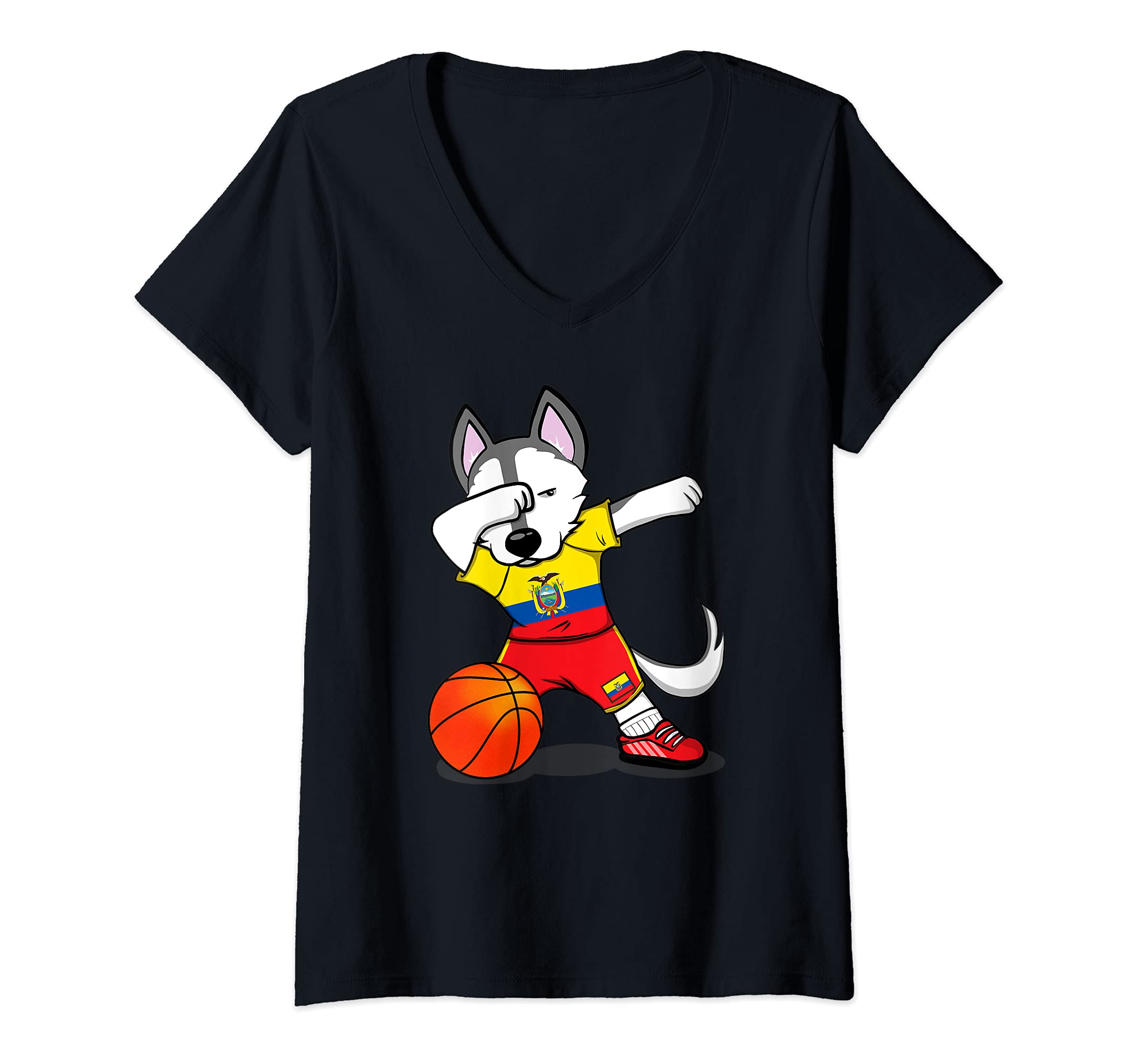 Womens Dabbing Husky Ecuador Basketball Fans Jersey Ecuadorian Flag V-Neck T-Shirt