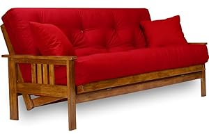 Nirvana Futons Stanford Futon Set - Full Size, Frame, 8" Mattress, Twill Red Cover