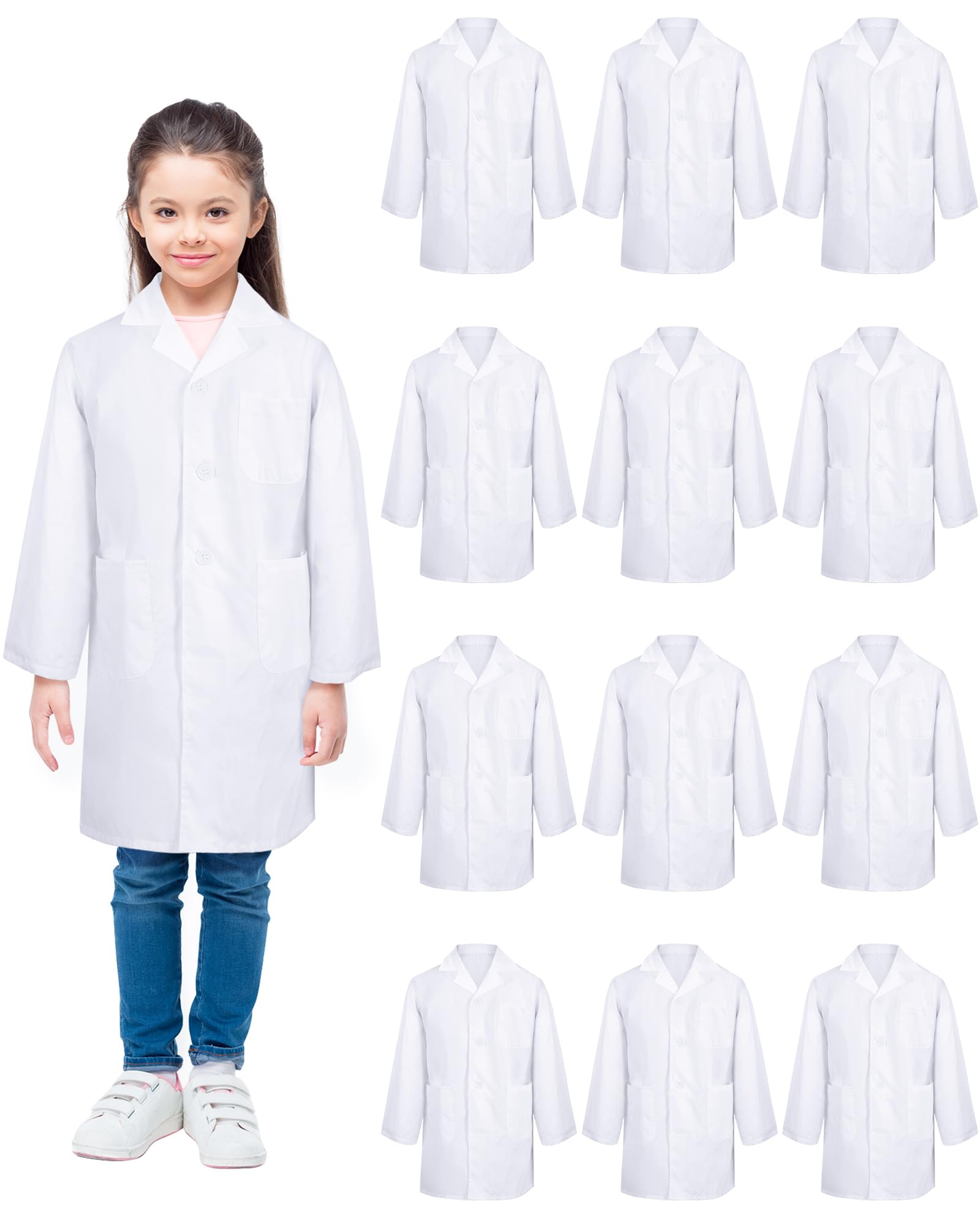 Photo 1 of Seajan 12 Pcs Unisex Kids Lab Coat Bulk Soft Kids Scrubs White Doctor Coat Scientist Halloween Costume for Boys and Girls(S Size)