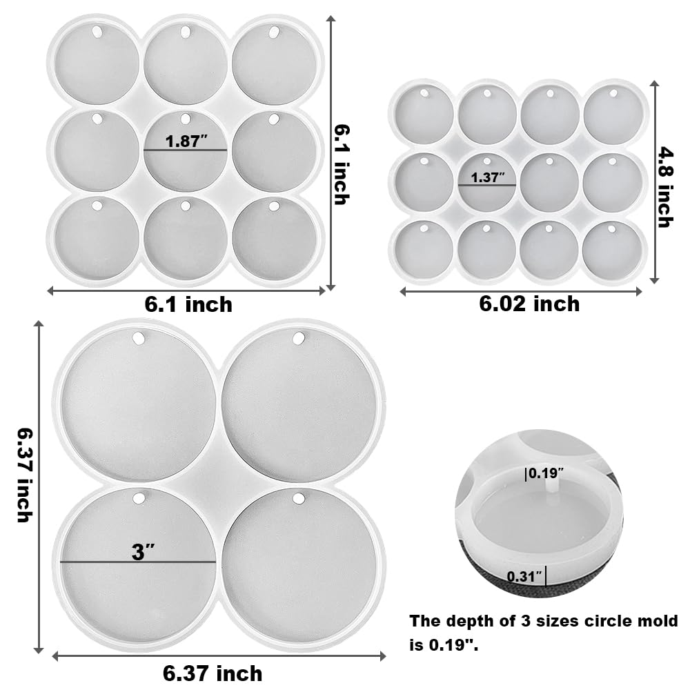 RESINWORLD 25-Cavity Set of Large + Medium + Small Shiny Flat Circle Silicone Mold, Drilled Round Earrings Pendant Mold, Keychain, Pet Tag Resin Mold