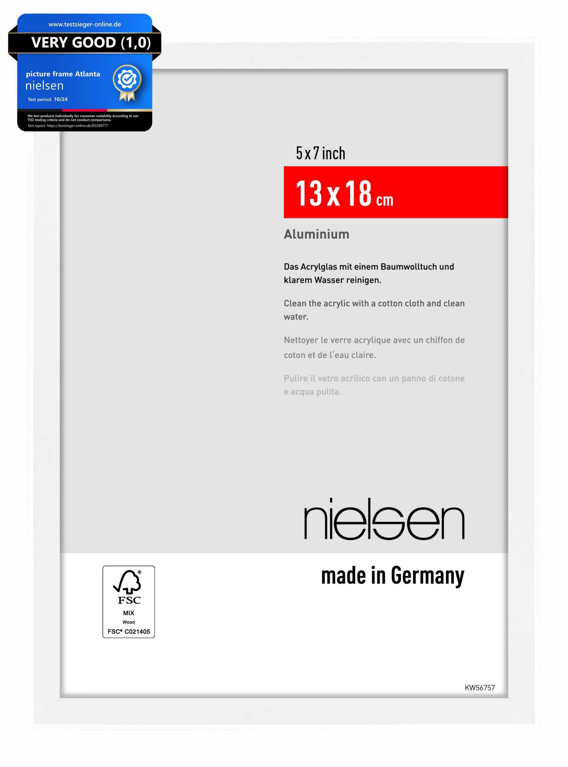 nielsen Atlanta Aluminium Picture Frame - Matt White 5x7in, 13x18cm - with Synthetic Glass and Push-Turn Clips