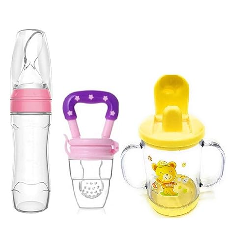 Manan Shopee Baby Cerelac Rice Paste Food Feeder with Baby Fruit Nibbler & Spout Sipper (Combo) (Pink/Pink/Yellow)