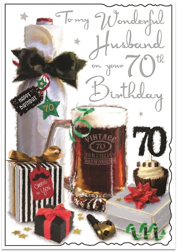 Jonny Javelin Husband 70th Birthday Card - Illustrated Design with Beer and Presents - Age 70