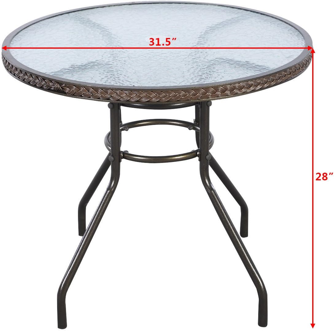 TANGKULA 32" Patio Table Outdoor Round Wicker Covered Edge with Tempered Glass Top and Umbrella Insert Coffee Dining Tabel Patio Furniture for Lawn Garden Pool Steel Frame Commercial Party Table: Kitchen & Dining
