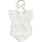 Newborn Baby Girl Clothes Ruffle Sleeve Solid Smocked Bubble Romper Jumpsuit Bow Headband Cute Summer Clothes