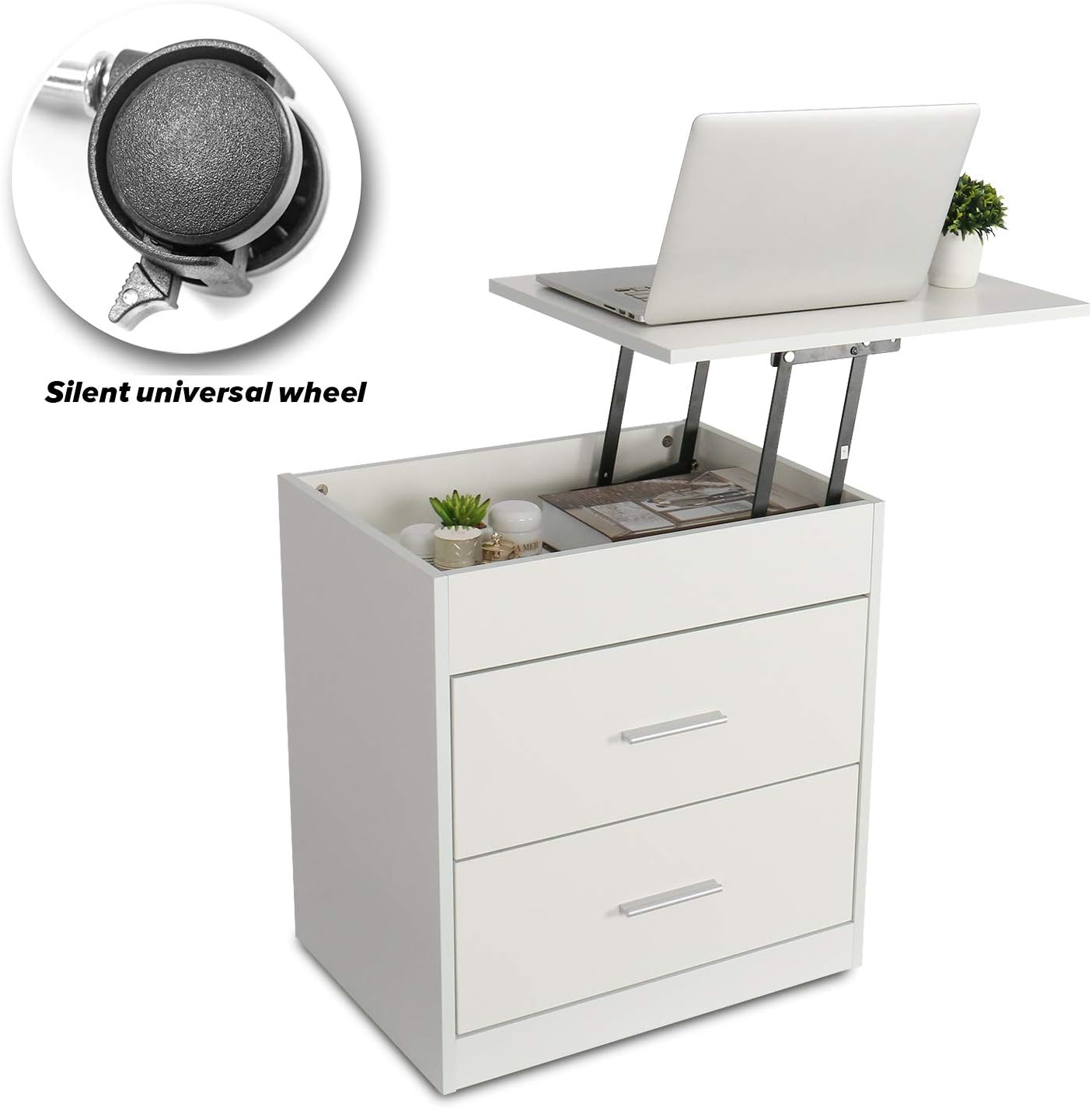 Upgrade Nightstand with Lifting Top, Bedside Desk Height Adjustable Laptop Table with 2 Drawer Storage Cabinet Removable End Table for Bedroom, Home (White): Kitchen & Dining