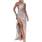 Memoriesea Women's Plus Size Satin Sexy One Shoulder High Split Cocktail Wedding Party Maxi Dress
