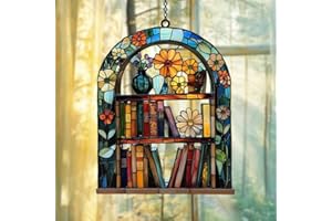 GIKZO Floral Bookshelf Bookish Acrylic Suncatcher Stained Glass Effect Window Car Hanging Christmas Ornament Indoor Outdoor Decor Garden Bookworm Sun Catcher Book Lover for Women Mom Grandma
