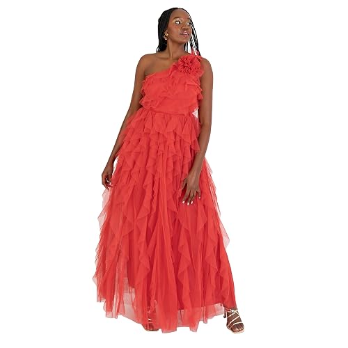 Anaya with Love Women's Maxi Dress Ladies One Shoulder Sleeveless Tiered Ruffle Waterfall A-line Bridesmaid Wedding Guest Prom Ball Gown, Red, UK 6