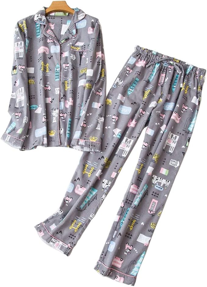 CHUNG Women Brushed Cotton Pyjamas Set Long Sleeve Button Down Tops