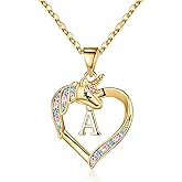 Hidepoo Valentines Gifts for Kids Girls - Unicorn Necklace Gifts for Girls 14K-Gold-Plated Colorful CZ Heart Necklace Girl Jewelry Initial Unicorn Necklaces for Girl Valentines Gift