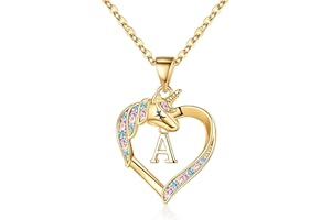 Hidepoo Valentines Day Gifts - Unicorn Necklace Gifts for Girls, 14K Gold Plated Colorful CZ Heart Unicorn Necklace Girls Jewelry Initial Unicorn Necklaces for Girls Birthday Gifts Unicorn Gifts