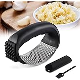 Garlic Press Rocker, New Upgraded Stainless Steel Garlic Presser with Peeler and Cleaning Brush, Garlic Chopper for Smash Gar