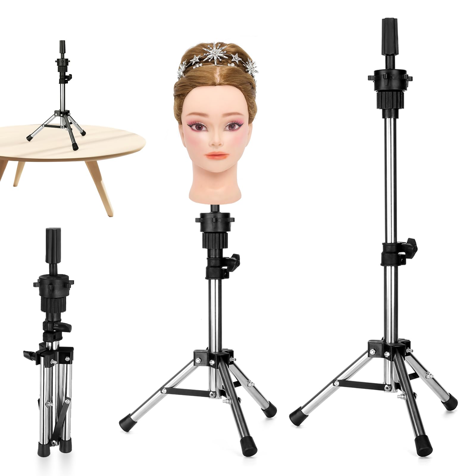 Neverland Mini Wig Stand Adjustable Tripod Head Stand for Hairdressing Training Head Mannequin Head Styling(14.37-22.44 Inch)