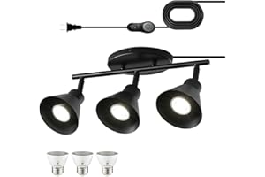 VIVIHOBB Black 3 Light Plug in Ceiling Light Fixture,Modern Plug in Track Lighting,16.4ft Cord with Timer & Dimming Switch,3 Way Ceiling Spot Lighting,Flexibly Rotatable Light Head，Dimmable LED Bulbs Included