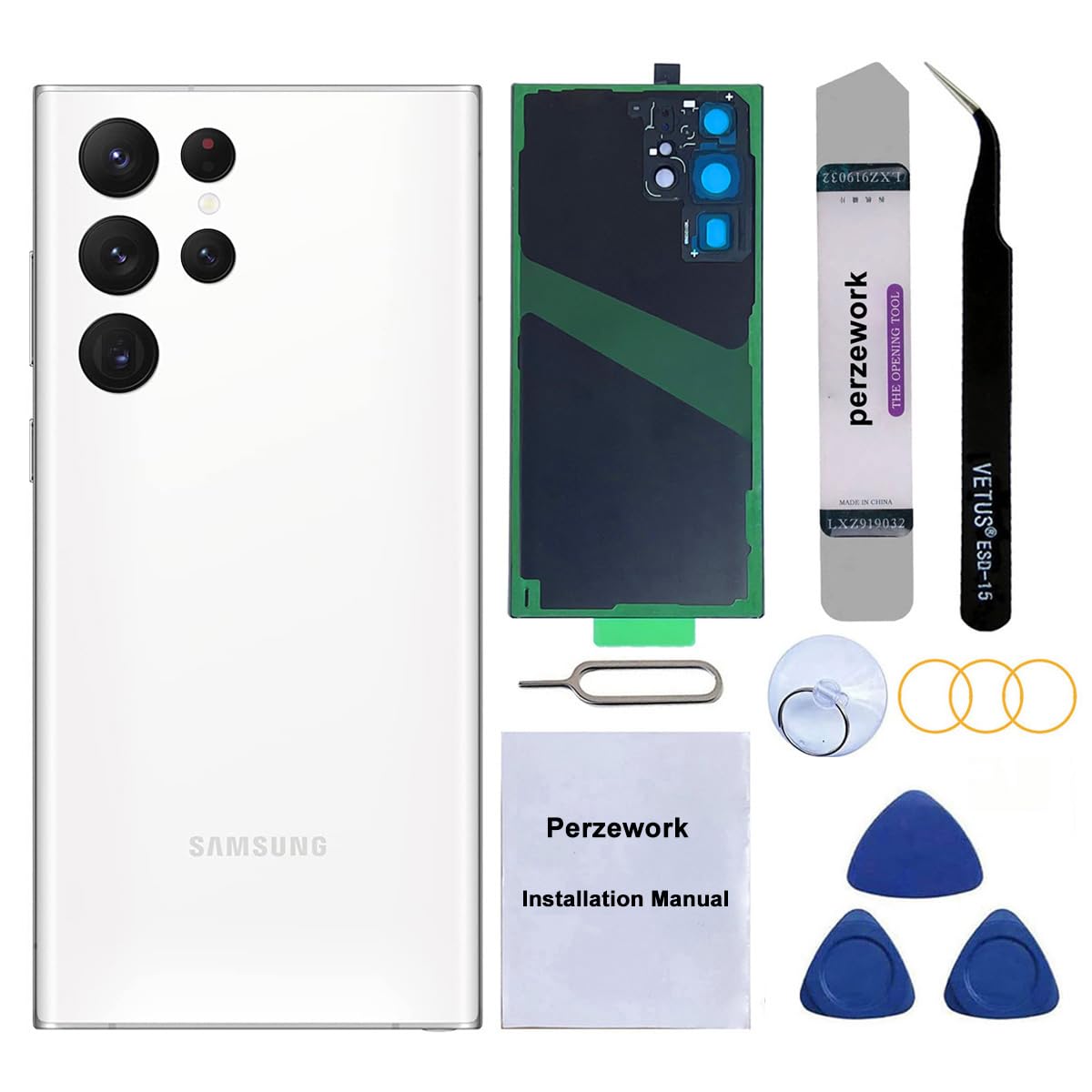 Perzework OEM Rear Back Glass Replacement Compatible with Samsung Galaxy S22 Ultra 6.8 inches 5G with Reparing Toolkit and Manual (Phantom White)