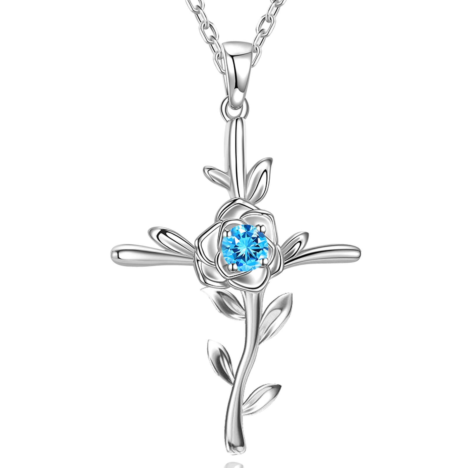 GinoMay Mothers Day Birthday Gifts Women March Birthstone Necklace Aquamarine Mum Wife Love Rose Flower Jewellery Her Sterling Silver — image 1