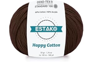 Estako Happy Cotton, 60% Cotton 40% Acrylic Yarn, Soft, Fine/Sport (2) for Crochet and Knitting 1.76 Oz (50g) / 180 Yrds (165m) (4410 - Brown)