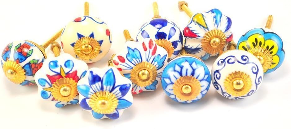 STREET CRAFT Blue And White Ceramic Cupboard Cabinet Door Knobs Drawer Pulls Small 1.5 Diameter Set Of 10 2.0 -2.5 Inch Blue And White by STREET CRAFT