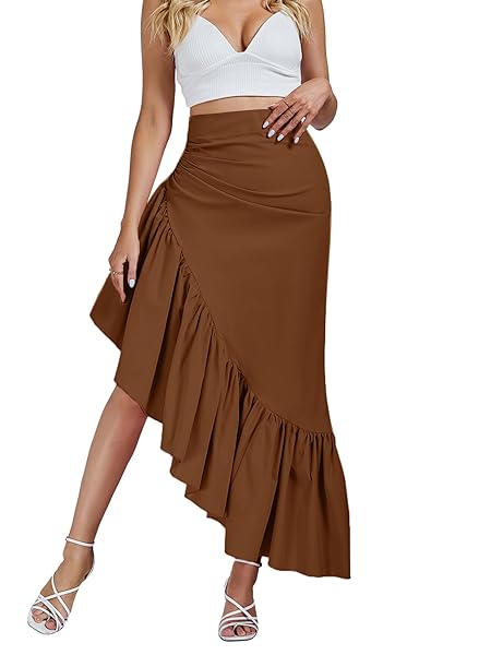 UMENLELE WOMEN’S RUCHED RUFFLE HIGH LOW ASYMMETRICAL HEM HIGH WAIST MIDI SKIRT BROWN X-LARGE