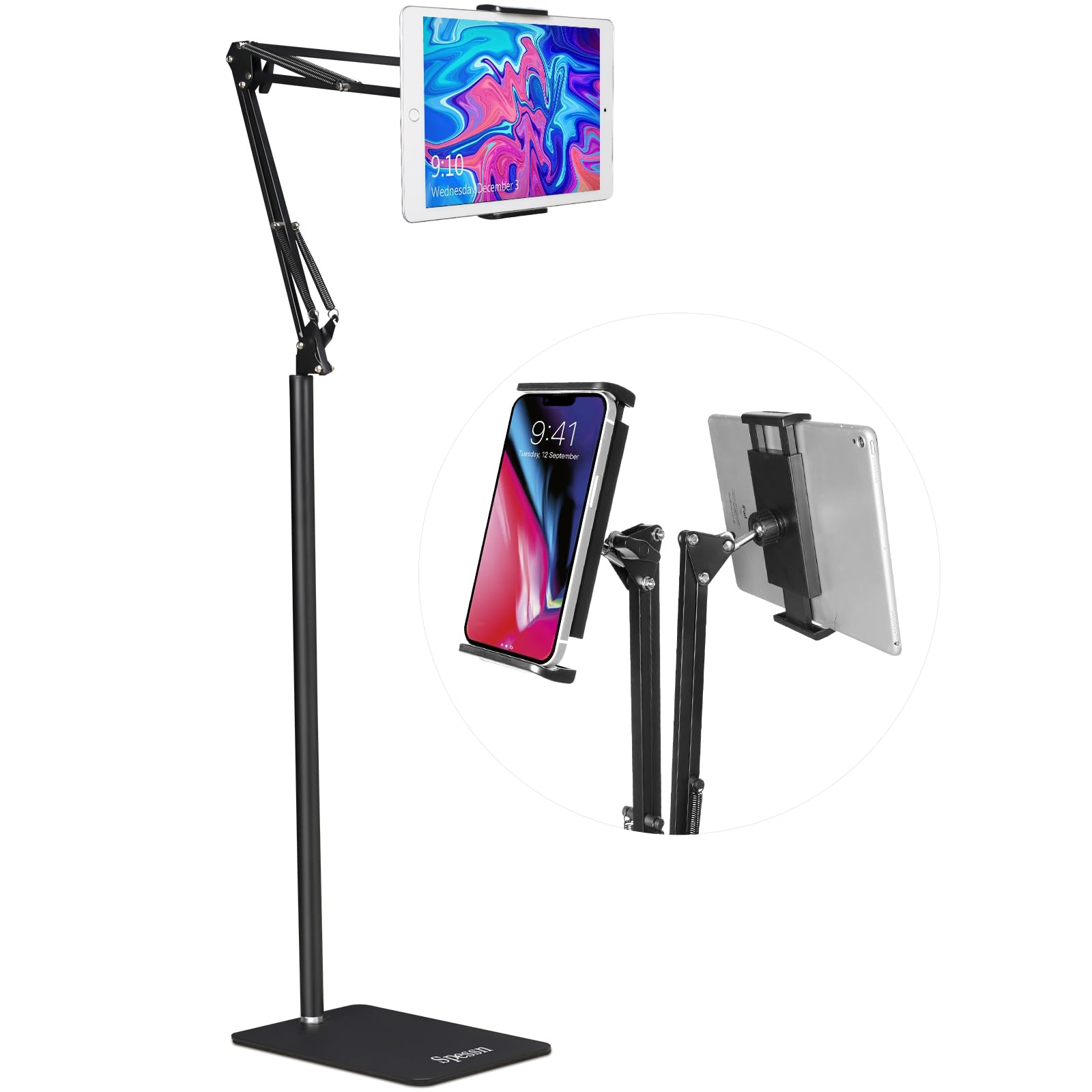 Photo 1 of Spessn Adjustable Tablet Floor Stand Universal 360-degree Rotatable Metal Tablet Holder Phone Stand for iPad/iPhoneX/iPad Pro 4.5-12.9" Inch-Screen, Phone, Kindle(Black)