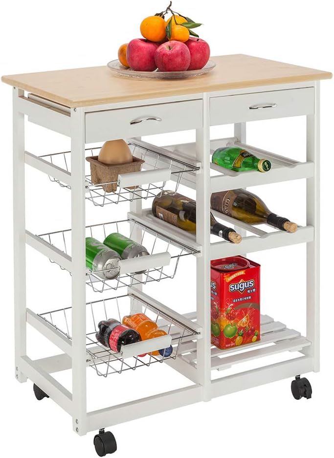 Kitchen Trolley Cart Utility Carts w/Wheels Multifunctional Rolling Storage Cart with Two Drawers Two Wine Racks and Three Baskets