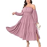 Plus Size Wedding Guest Dress Off The Shoulder Long Sleeve Smocked Slit Cocktail Party Maxi Dress for Curvy Women