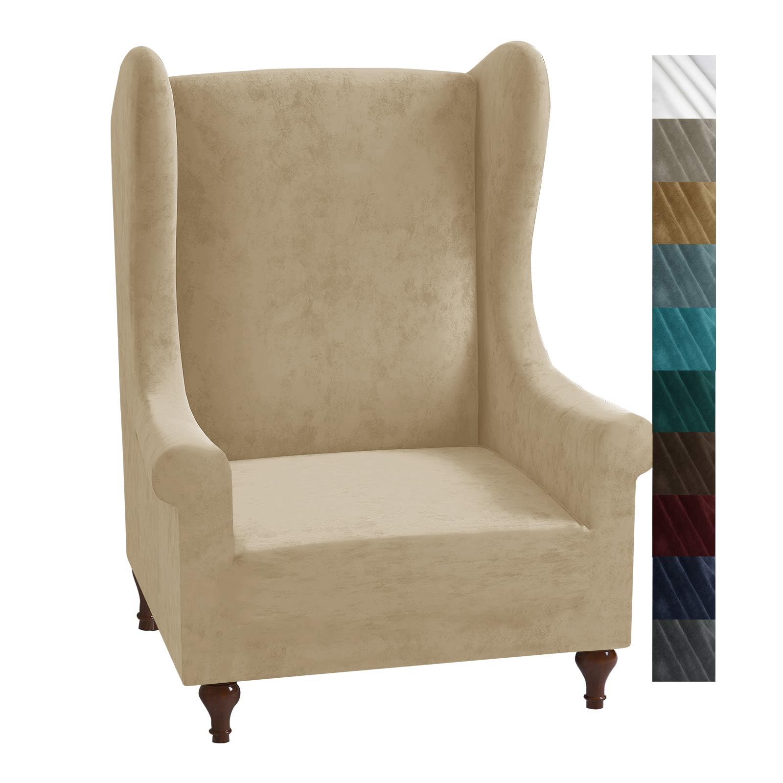 XINEAGE 1 Piece Velvet Wingback Chair Slipcover Stretch Wing Chair Cover Non Slip Furniture Protector with Foam Rods for Living Room (Wingback Chair, Camel) — image 1