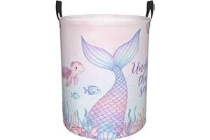 Large Laundry Hamper - Mermaid Collapsible 62L Storage Bin for Kids Toys Clothes Round Waterproof Tall Baby Nursery Basket fo