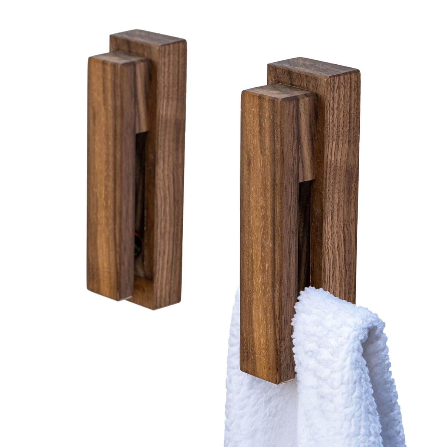 JINMURY Modern Wooden Towel Holders -Set of 2 Self Adhesive Towel Hook Wood Wall Mounted Towel Holder Home Decor- Durable, Easy Installation,Firmly Holds Towel (Walnut)