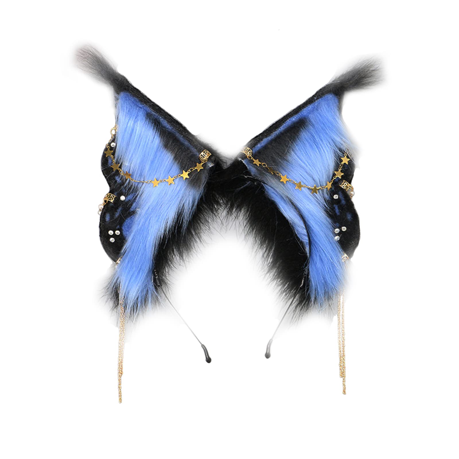 Fxaelian Cosplay Animal Blue Butterfly Fairy Fox Wolf Cat Dog Ears Headband Hairband Halloween Costume Party Headpiece Headwear Hair Accessories Fluffy Faux Fur