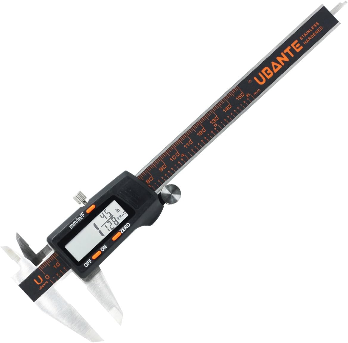 UBANTE Quality Electronic Digital Caliper Inch/Metric/Fractions Conversion 0-6 Inch/150 mm Stainless Steel Body Orange/Black Extra Large LCD Screen Auto Off Featured Measuring Tool