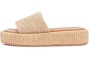 Monrovia Platform Sandals Women Raffia Wicker Espadrilles, Slip On Low Wedge Slides, Summer Straw Vacation Shoes, Comfortable Rattan Platform Flats Beach Sandals Pool Daily Wear
