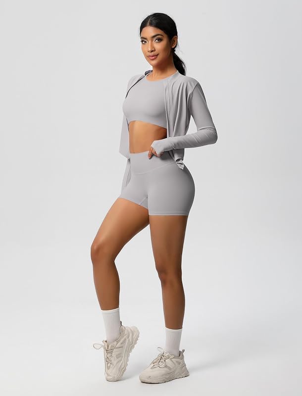Sport-Set Damen 3-teilig mit Sportjacke: Gym Set Laufjacke + kurz Leggings + Kurzarm Tank Top mit BH - Sportkleidung für Sport, Fitness, Yoga und Pilates hellgrau L