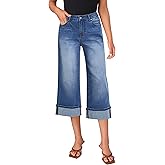 LookbookStore Capris Jeans for Women Wide Leg High Waisted Casual Summer Roll Hem Cropped Stretch Denim Jean Capri Pants