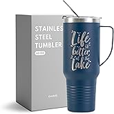 Onebttl Lake House Gifts, Lake Gifts for Women, Men, 40oz Insulated Travel Cup with Handle Lake Life Gifts, Housewarming Gifts for Lake House, Gifts for Lake Lovers, Blue - Life Is Better at the Lake