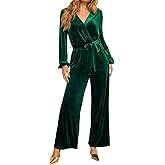 CUPSHE Women's Long Jumpsuits V Neck Long Sleeve Belted Overall Casual Velvet Wide Leg Pockets Maxi Rompers