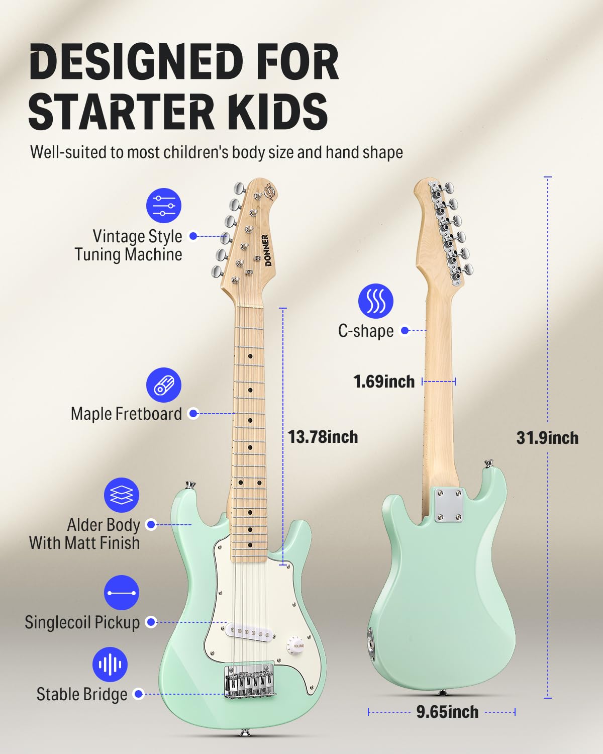 Donner 30 Inch Junior Electric Guitar Beginner Kit ST Style Mini Electric Guitar Starter Package for Teens with Amp, 600D Bag, Tuner, Picks, Cable, Strap, Extra Strings DSJ-100