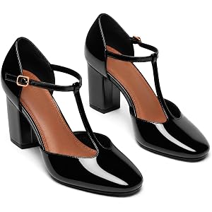 Coutgo Womens Mary Jane Chunky Heels T-Strap Square Closed Toe Pumps Ankle Strap Vintage Work Dress Shoes