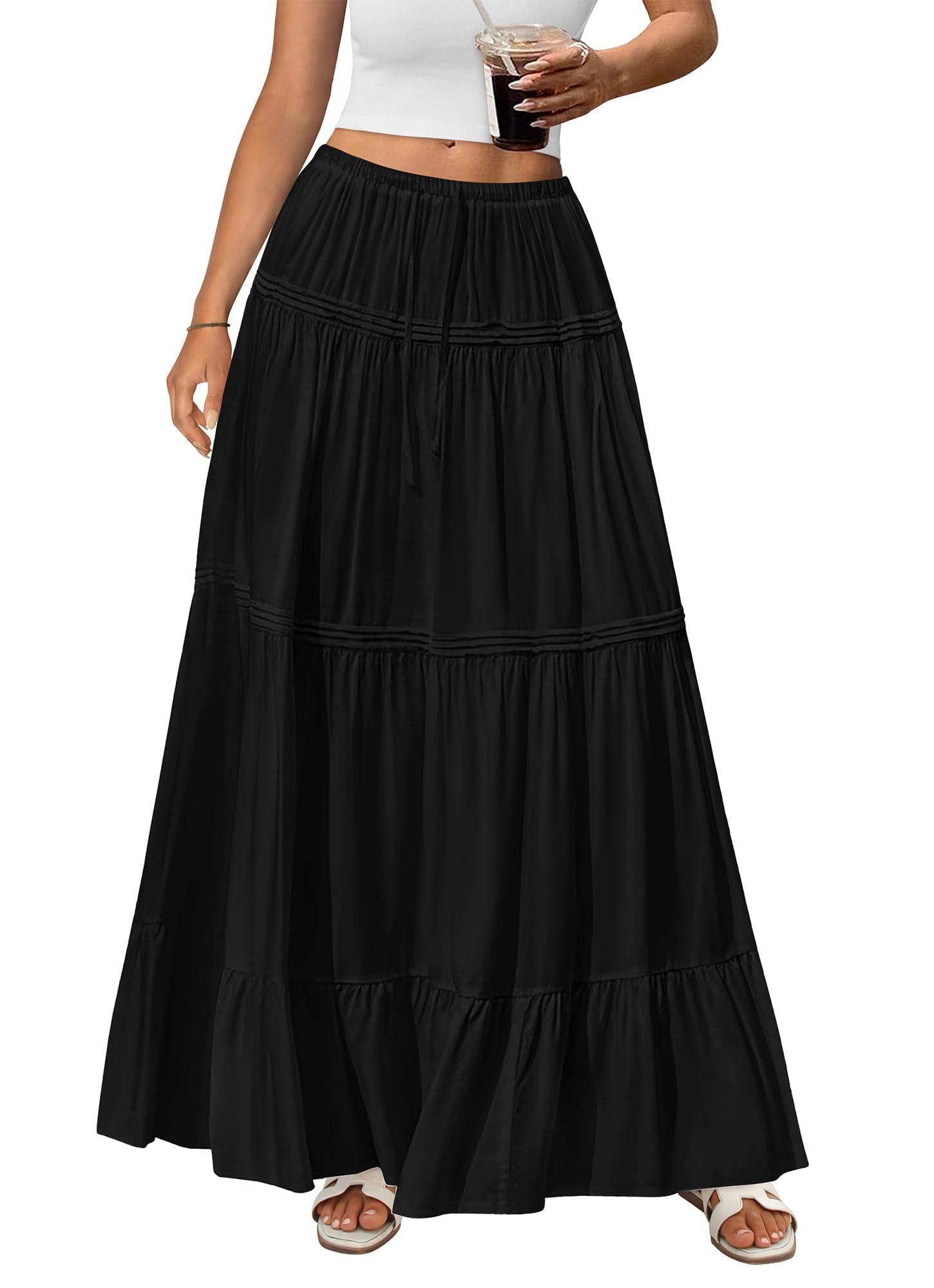 BTFBM Spring Skirts for Women 2026 Summer Boho Beach Vacation Clothes Casual Pleated High Waisted Flowy Maxi Skirt(Black, X-Large)