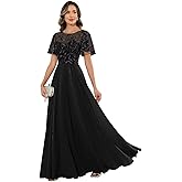 Thinksea Sequin Mother of The Bride Dresses for Women Lace Applique Ruffles Pleated Wedding Guest Dress with Sleeves Pockets
